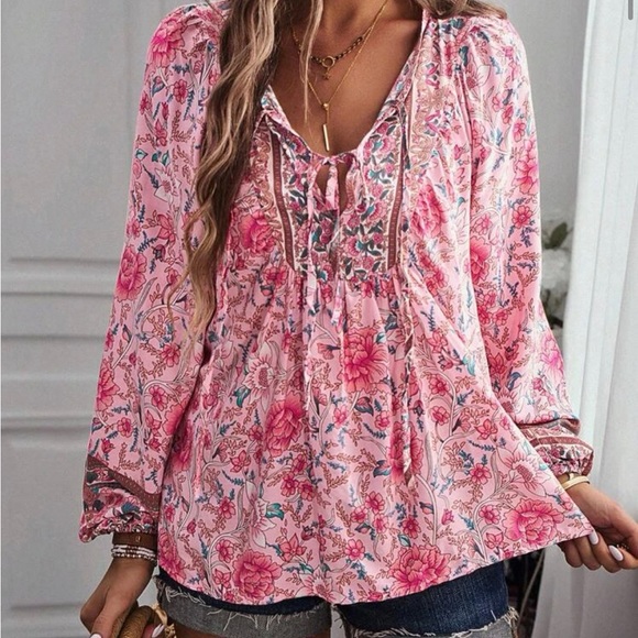 BellanBlue Tops - Bohemian Gypsy Pink Floral Print Blouse Top Cottagecore